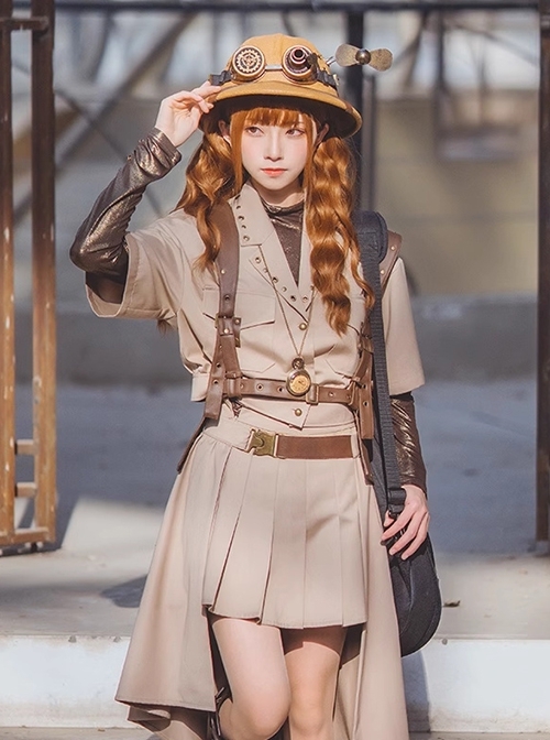 Explorer Series Khaki Steampunk Rivet Loose Cropped Safari V Neck Workwear Jacket Shirt