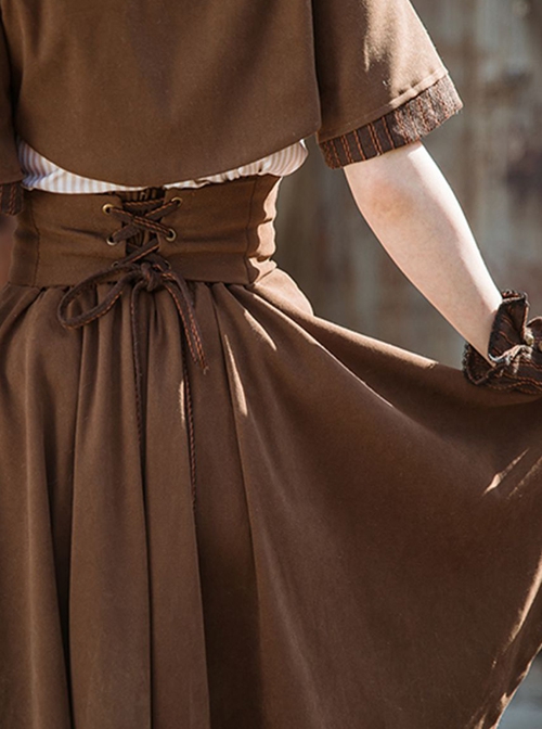 Brown Velvet Steampunk Metal Buckle Front Short Back Long Tie Rope Wide Girdle Skirt