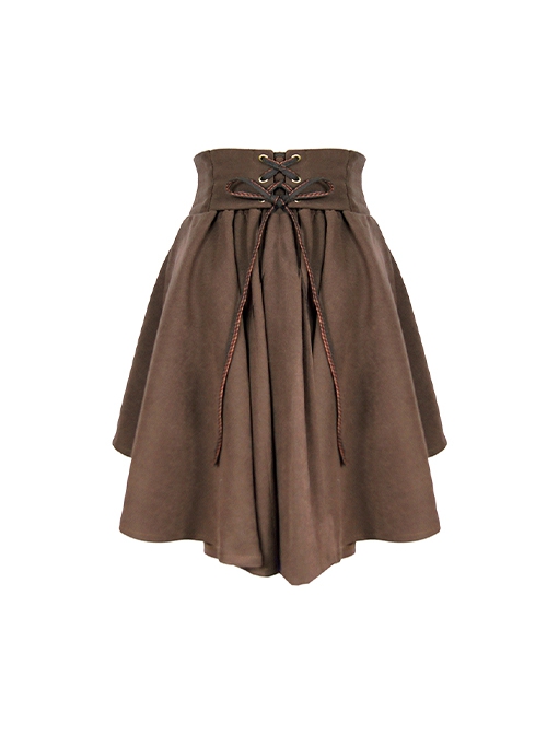 Brown Velvet Steampunk Metal Buckle Front Short Back Long Tie Rope Wide Girdle Skirt