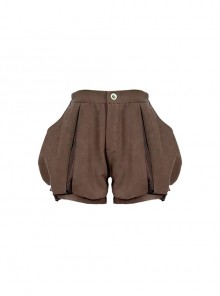 Versatile Explorer Brown Peach Skin Velvet Splicing Steampunk Short Fluffy Pumpkin Pants