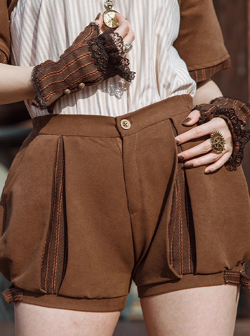 Versatile Explorer Brown Peach Skin Velvet Splicing Steampunk Short Fluffy Pumpkin Pants