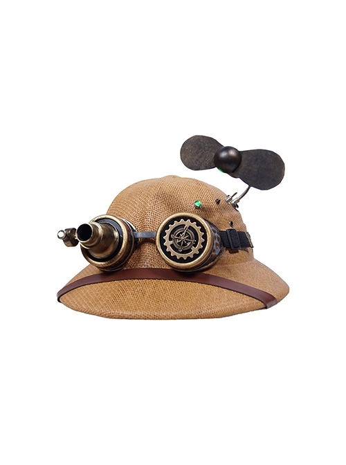 Explorer Handmade Pith Helmet Steampunk Retro Electric Small Fan Goggles Brown Straw Hat