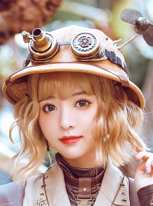 Explorer Handmade Pith Helmet Steampunk Retro Electric Small Fan Goggles Brown Straw Hat