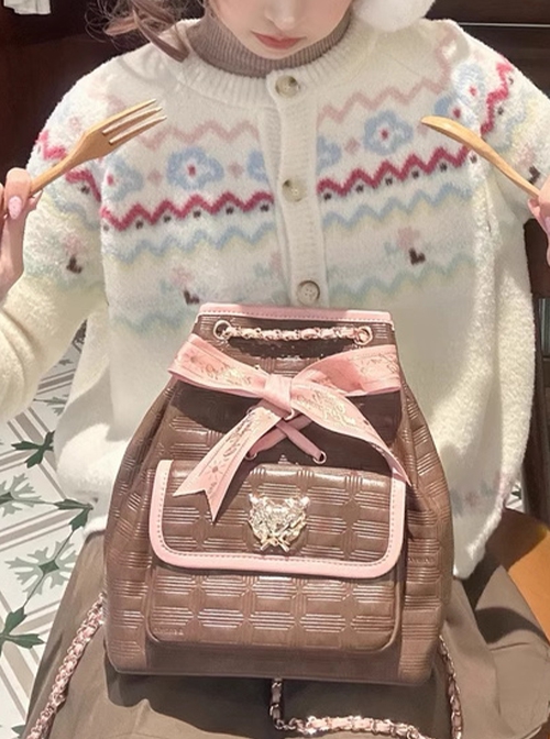 Sweet Chocolate Series Exquisite Hot Stamping Ribbon Sweet Lolita Elegant Chain Backpack Bag