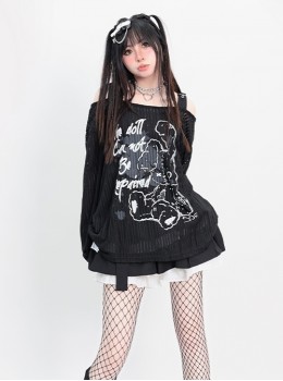 Collapse Doll Series Sexy Slightly Transparent One Shoulder Dark Rabbit Pattern Kawaii Fashion Black Loose Top