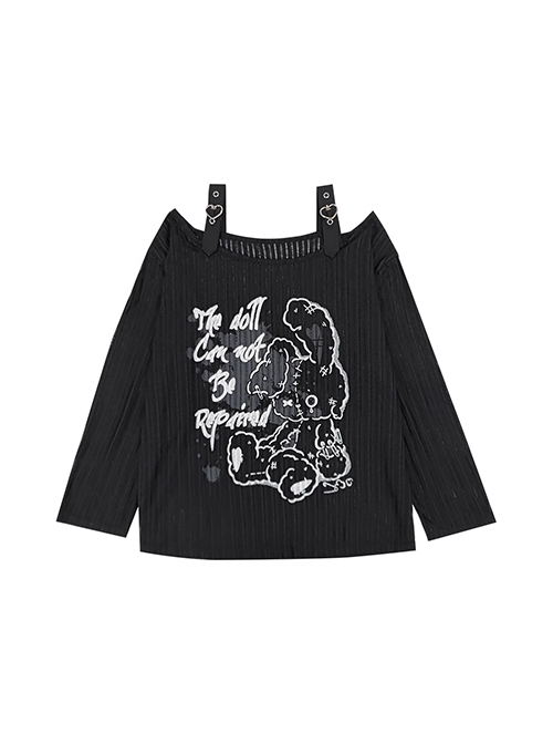 Collapse Doll Series Sexy Slightly Transparent One Shoulder Dark Rabbit Pattern Kawaii Fashion Black Loose Top