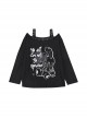 Collapse Doll Series Sexy Slightly Transparent One Shoulder Dark Rabbit Pattern Kawaii Fashion Black Loose Top