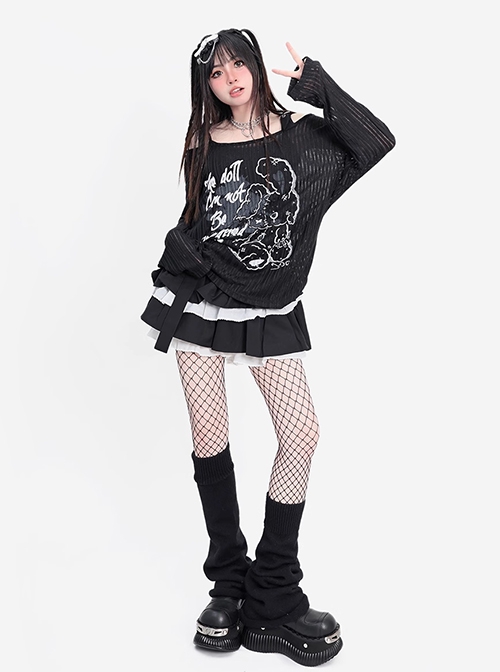 Collapse Doll Series Sexy Slightly Transparent One Shoulder Dark Rabbit Pattern Kawaii Fashion Black Loose Top