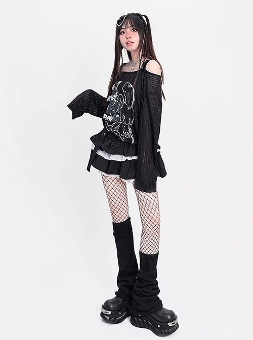 Collapse Doll Series Sexy Slightly Transparent One Shoulder Dark Rabbit Pattern Kawaii Fashion Black Loose Top