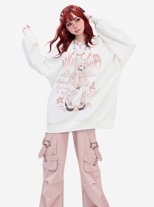 Angel Cat Girl Series Y2K Subculture Style Rivet Decoration Unique Off Shoulder Anime Print Kawaii Fashion Top