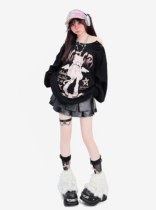 Angel Cat Girl Series Y2K Subculture Style Rivet Decoration Unique Off Shoulder Anime Print Kawaii Fashion Top