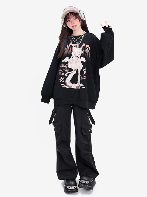 Angel Cat Girl Series Y2K Subculture Style Rivet Decoration Unique Off Shoulder Anime Print Kawaii Fashion Top