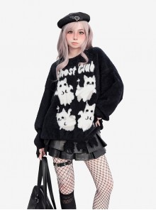 Ghost Cat Club Series Soft Y2K Subculture Cute Ghost Cat Pattern Unique Ripped Hem Black Loose Sweater