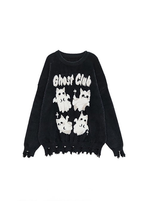 Ghost Cat Club Series Soft Y2K Subculture Cute Ghost Cat Pattern Unique Ripped Hem Black Loose Sweater