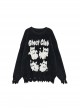 Ghost Cat Club Series Soft Y2K Subculture Cute Ghost Cat Pattern Unique Ripped Hem Black Loose Sweater