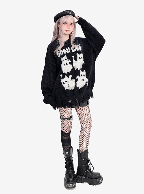 Ghost Cat Club Series Soft Y2K Subculture Cute Ghost Cat Pattern Unique Ripped Hem Black Loose Sweater