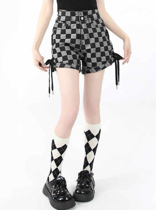 Freeform Series Personalized Checkerboard Pattern Cross Straps Design Kawaii Fashion High Waist Denim Shorts