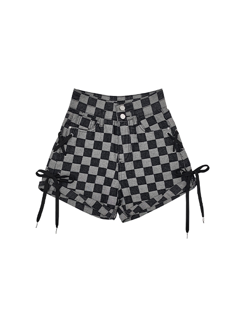 Freeform Series Personalized Checkerboard Pattern Cross Straps Design Kawaii Fashion High Waist Denim Shorts