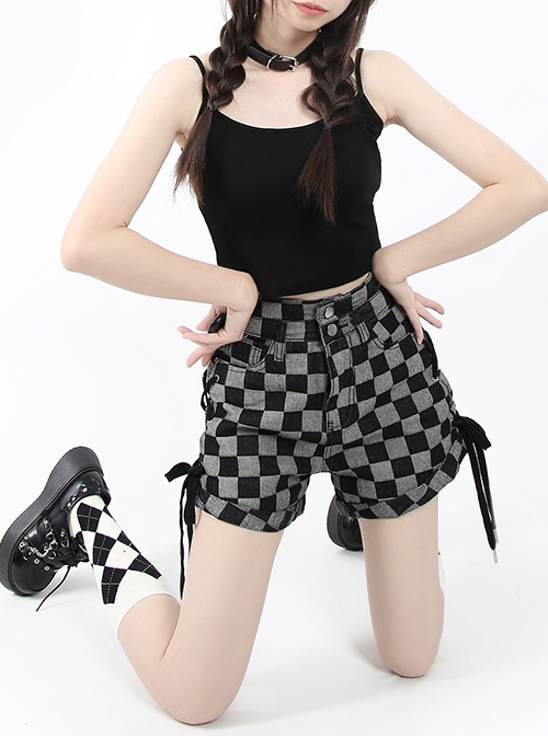 Freeform Series Personalized Checkerboard Pattern Cross Straps Design Kawaii Fashion High Waist Denim Shorts