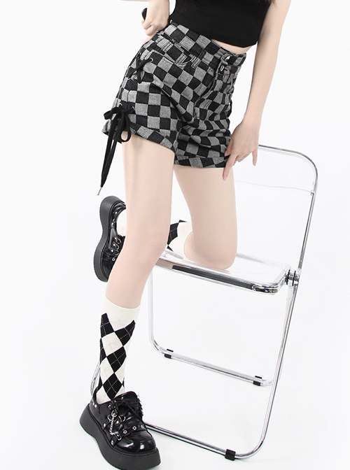 Freeform Series Personalized Checkerboard Pattern Cross Straps Design Kawaii Fashion High Waist Denim Shorts