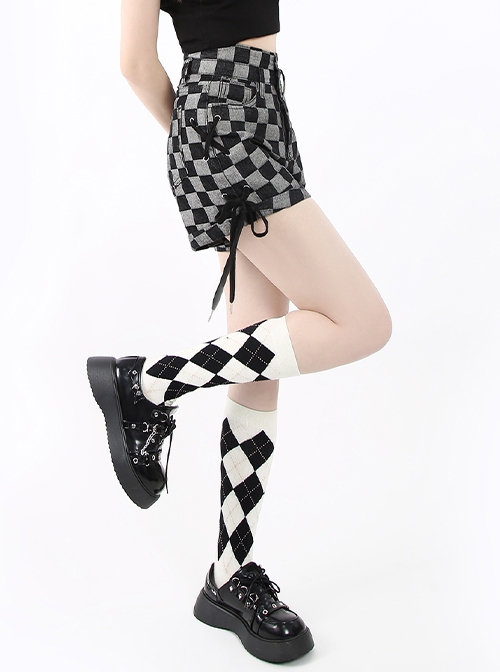 Freeform Series Personalized Checkerboard Pattern Cross Straps Design Kawaii Fashion High Waist Denim Shorts