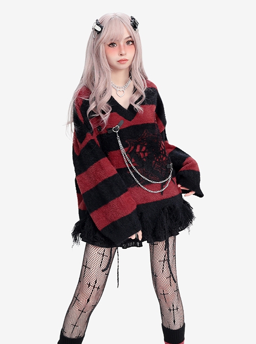 A Network Of Love Series Cool Black Red Stripes V Neck Irregular Hole Hem Kawaii Fashion Loose Sweater