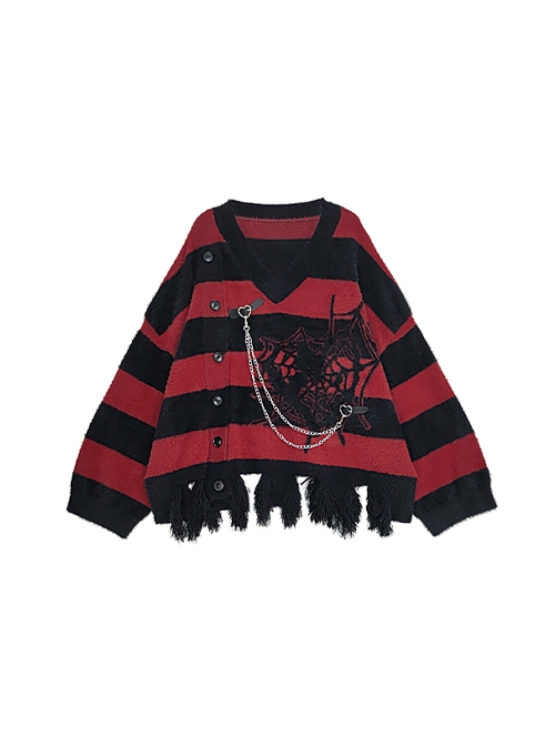 A Network Of Love Series Cool Black Red Stripes V Neck Irregular Hole Hem Kawaii Fashion Loose Sweater