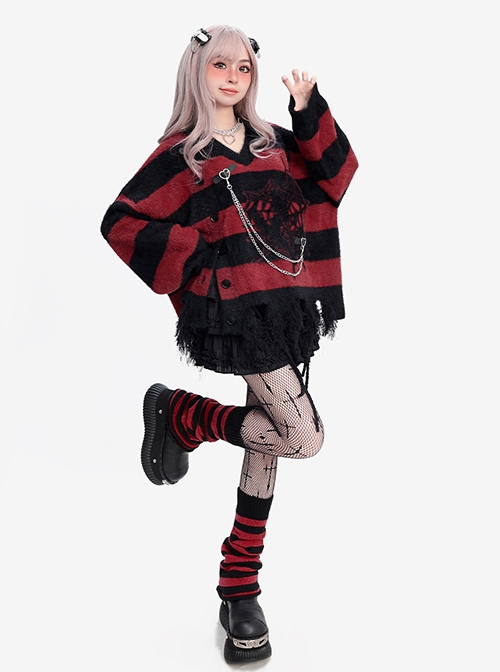 A Network Of Love Series Cool Black Red Stripes V Neck Irregular Hole Hem Kawaii Fashion Loose Sweater