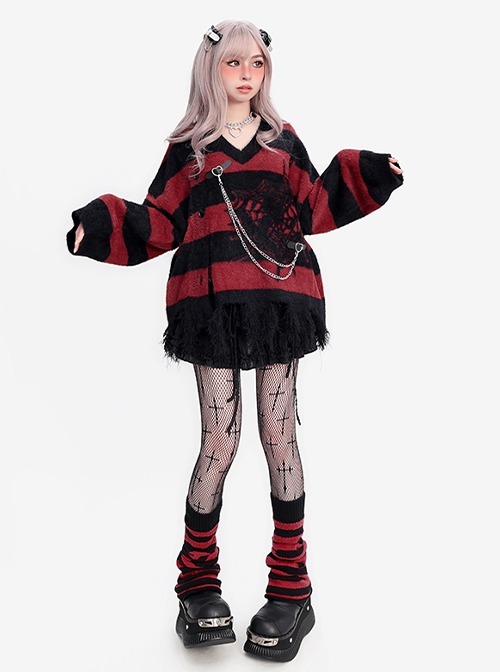 A Network Of Love Series Cool Black Red Stripes V Neck Irregular Hole Hem Kawaii Fashion Loose Sweater