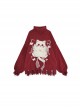 Cat Elf Series Irregular Tassel Design Cute Cat Pattern Sweet Bow Kawaii Fashion Red Turtleneck Puff Sleeve Sweater