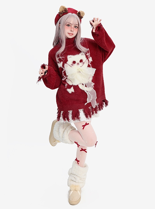 Cat Elf Series Irregular Tassel Design Cute Cat Pattern Sweet Bow Kawaii Fashion Red Turtleneck Puff Sleeve Sweater