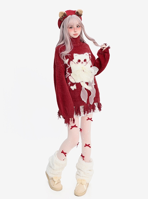 Cat Elf Series Irregular Tassel Design Cute Cat Pattern Sweet Bow Kawaii Fashion Red Turtleneck Puff Sleeve Sweater