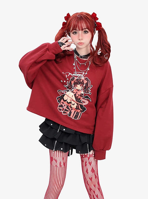 Devil Lover Series Sweet Cool Girl Pattern Back Cross Straps Kawaii Fashion Red Versatile Short Top