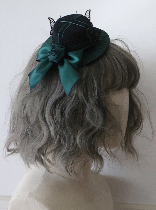 Dream Butterfly Series Handmade Dark Green Elegant Satin Bowknot Rose Classic Lolita Dowager Hat