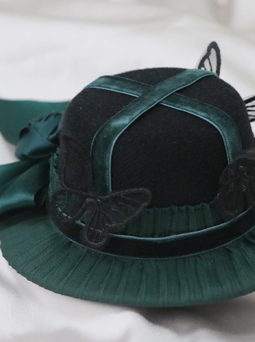 Dream Butterfly Series Handmade Dark Green Elegant Satin Bowknot Rose Classic Lolita Dowager Hat