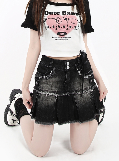 Crazy Wave Series Unique Old Style Irregular Tassel Hem Kawaii Fashion Black A Line High Waist Skirt