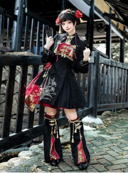 Monster Catcher Series Chinese Style New Years Brocade Classic Lolita Short Coat Sleeveless Dress Skirt Leg Covers Set