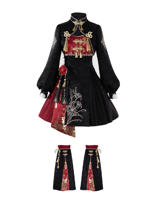 Monster Catcher Series Chinese Style New Years Brocade Classic Lolita Short Coat Sleeveless Dress Skirt Leg Covers Set