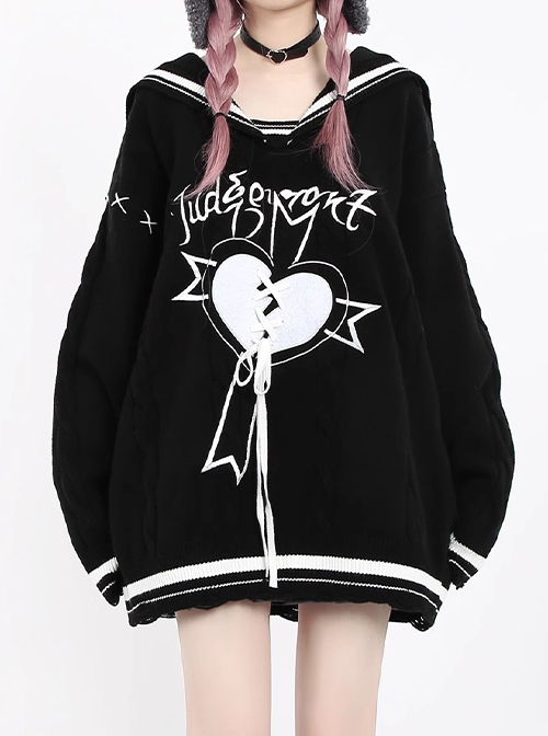 Love Trial Series Unique Navy Collar Embroidered Heart Pattern Cross Strap Design Kawaii Fashion Black Loose Sweater