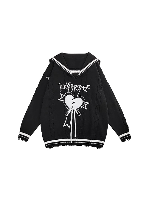 Love Trial Series Unique Navy Collar Embroidered Heart Pattern Cross Strap Design Kawaii Fashion Black Loose Sweater