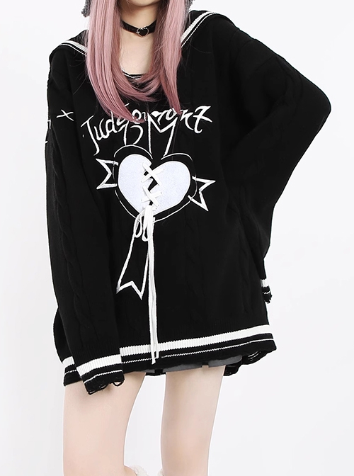 Love Trial Series Unique Navy Collar Embroidered Heart Pattern Cross Strap Design Kawaii Fashion Black Loose Sweater