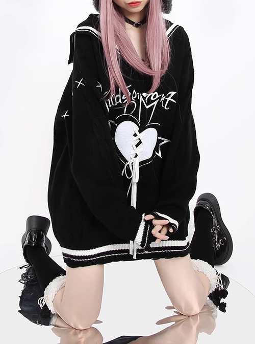 Love Trial Series Unique Navy Collar Embroidered Heart Pattern Cross Strap Design Kawaii Fashion Black Loose Sweater