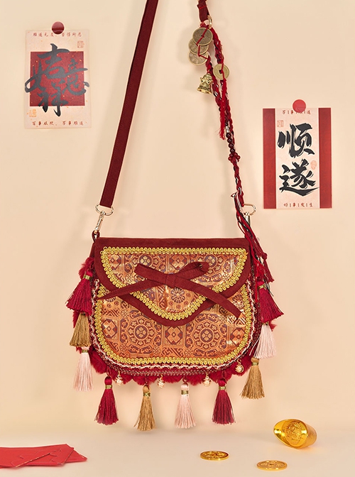 Prosperous Wealth Series Ouji Fashion Red Chinese National Tibetan Pattern New Year Exotic Tassels Crossbody Bag