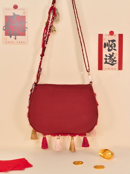 Prosperous Wealth Series Ouji Fashion Red Chinese National Tibetan Pattern New Year Exotic Tassels Crossbody Bag