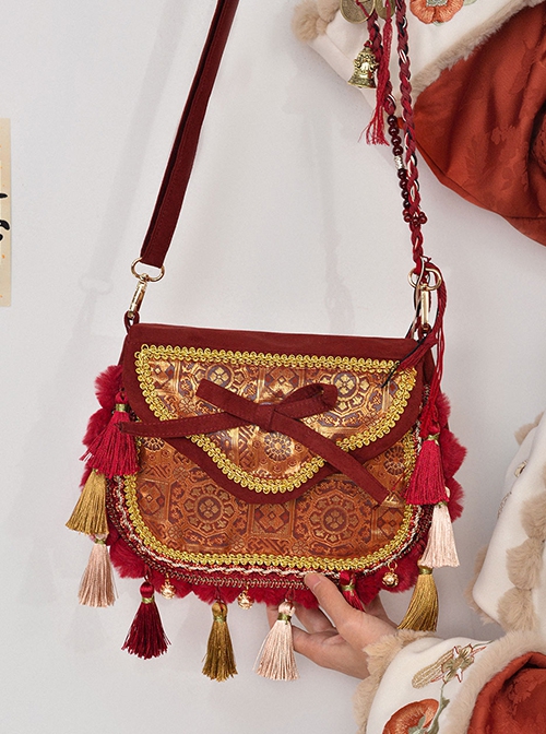 Prosperous Wealth Series Ouji Fashion Red Chinese National Tibetan Pattern New Year Exotic Tassels Crossbody Bag