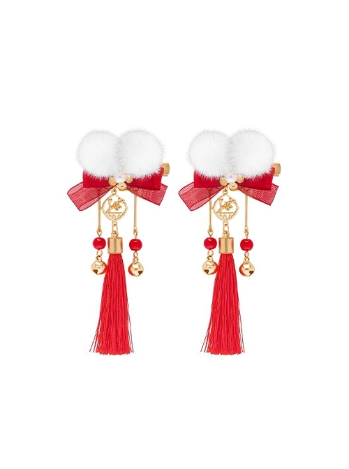 Flower Bell Series Chinese New Year Red Mesh Yarn Bowknot Fur Ball Sweet Lolita Pearl Tassel Hairpin