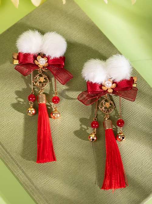 Flower Bell Series Chinese New Year Red Mesh Yarn Bowknot Fur Ball Sweet Lolita Pearl Tassel Hairpin