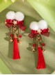 Flower Bell Series Chinese New Year Red Mesh Yarn Bowknot Fur Ball Sweet Lolita Pearl Tassel Hairpin