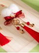 Flower Bell Series Chinese New Year Red Mesh Yarn Bowknot Fur Ball Sweet Lolita Pearl Tassel Hairpin