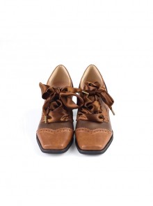 Retro Notes Series Classic Lolita Elegant Satin Shoelaces Square Toe Brogue Carved Mid High Heels Shoes